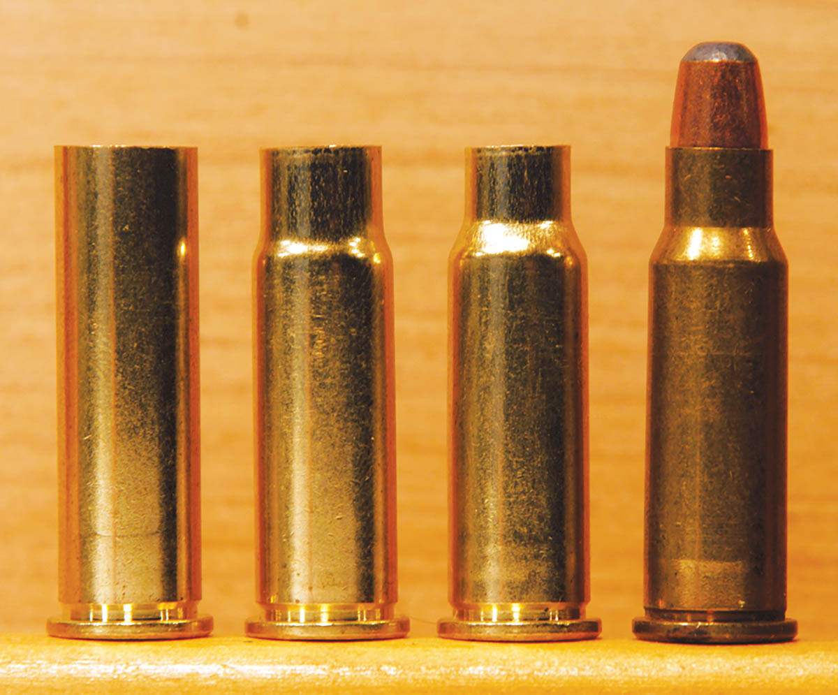 Stages of case forming from 357 Magnum to 256 Winchester Magnum. Both CH Tool & Die and Redding supply forming dies.